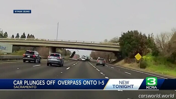 Car Plummets From Overpass onto Highway, Driver Amazingly Survives | Carscoops